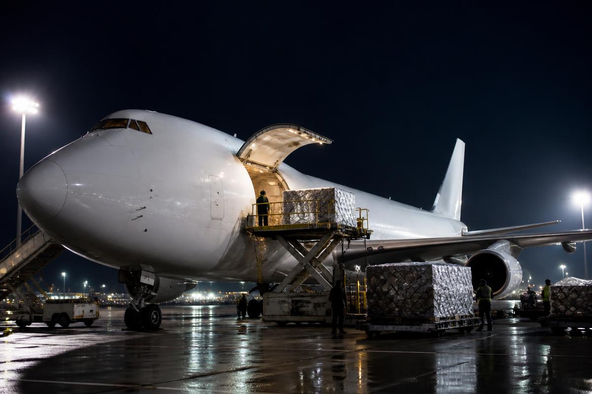 Cargo aircraft being loaded at night