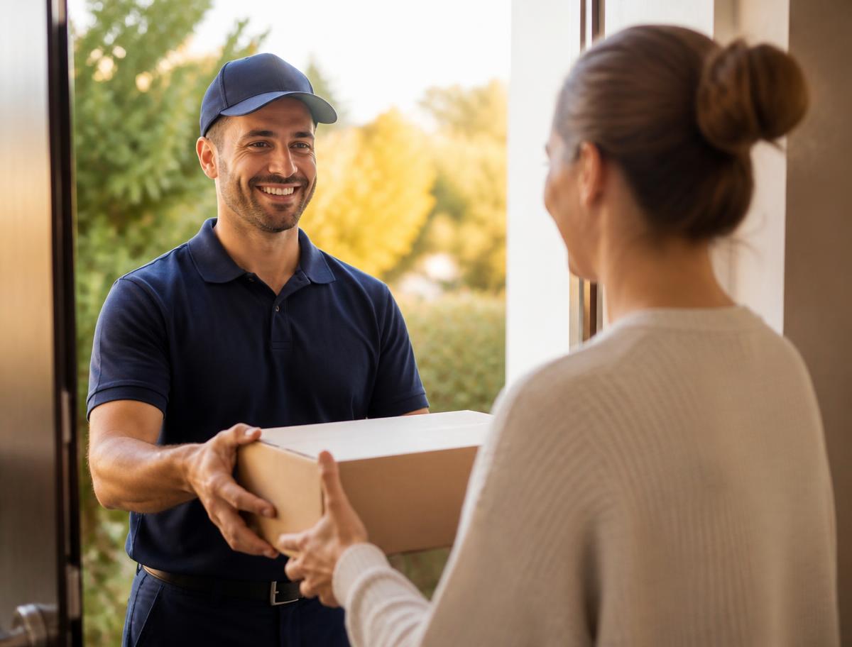 Courier handing a parcel to a customer